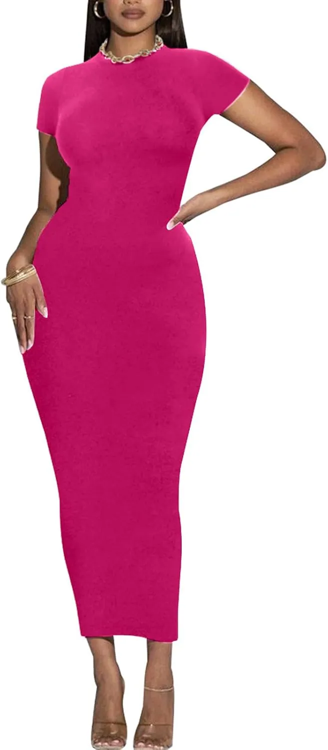 Women's Long Bodycon Dresses Leopard Print Casual Maxi Club Party Tight Dress Short Sleeve