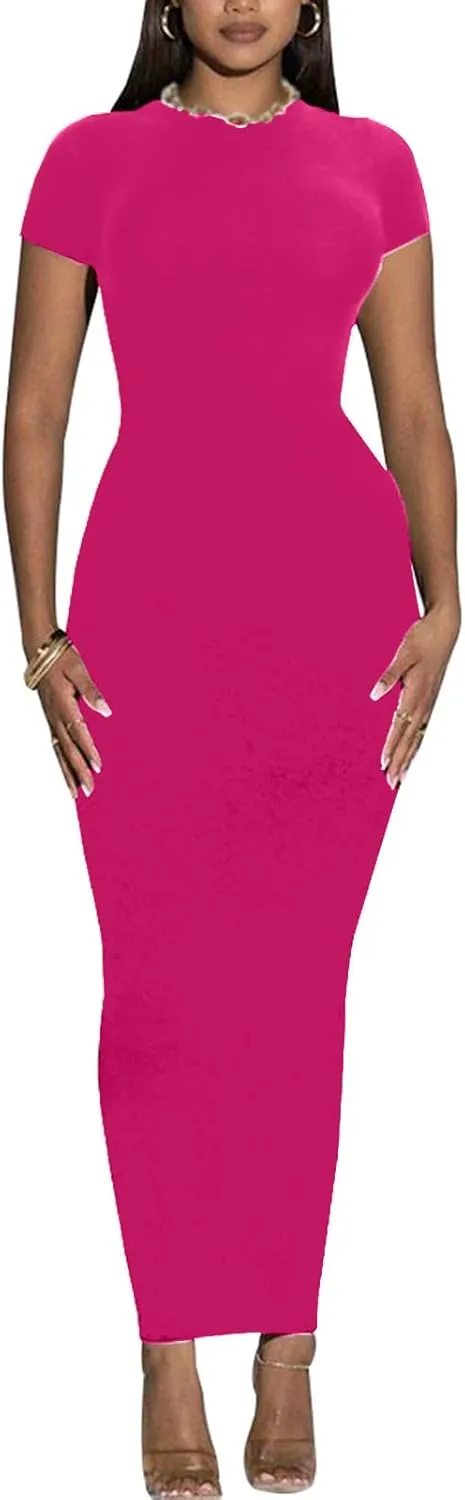 Women's Long Bodycon Dresses Leopard Print Casual Maxi Club Party Tight Dress Short Sleeve