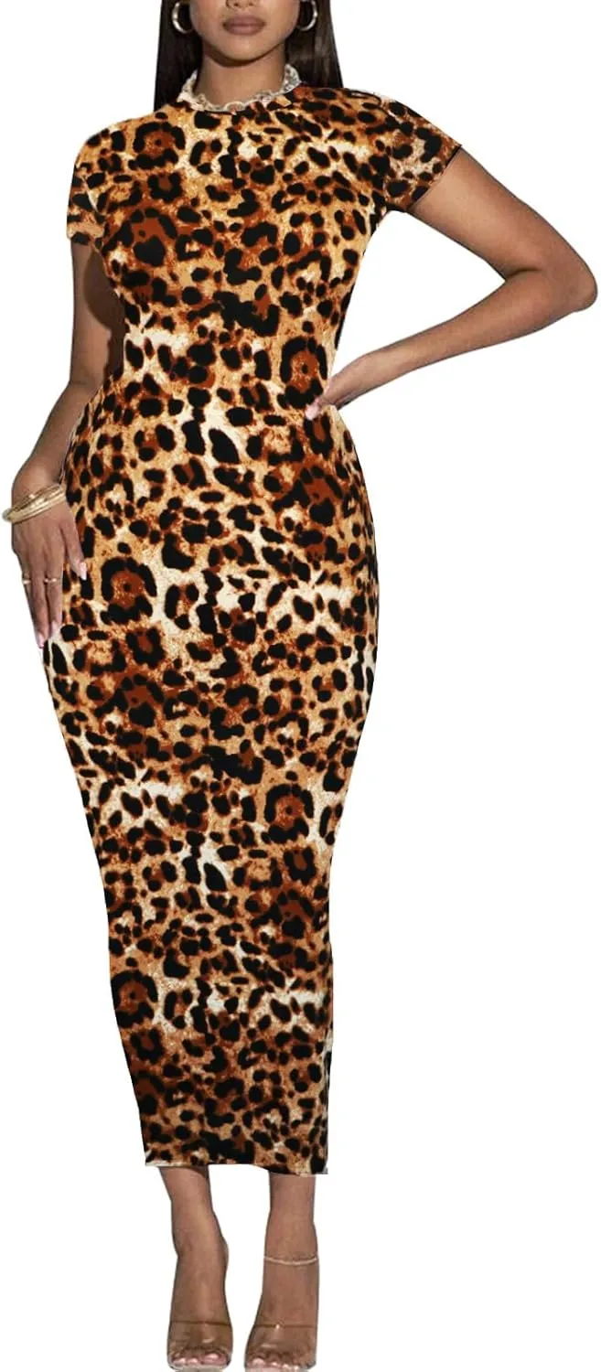 Women's Long Bodycon Dresses Leopard Print Casual Maxi Club Party Tight Dress Short Sleeve