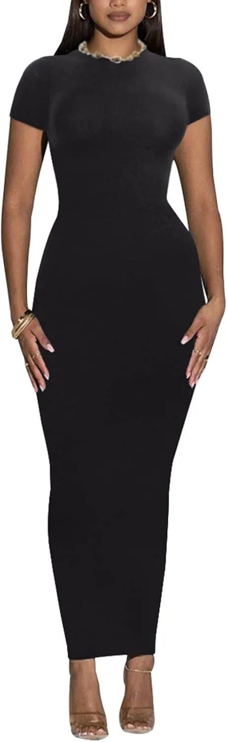 Women's Long Bodycon Dresses Leopard Print Casual Maxi Club Party Tight Dress Short Sleeve