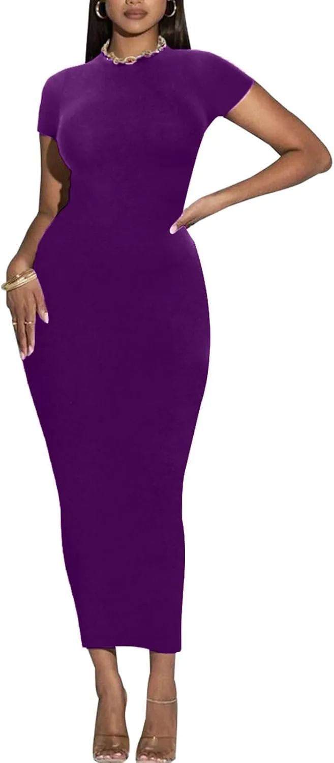 Women's Long Bodycon Dresses Leopard Print Casual Maxi Club Party Tight Dress Short Sleeve