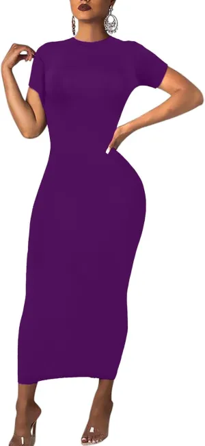 Women's Long Bodycon Dresses Leopard Print Casual Maxi Club Party Tight Dress Short Sleeve