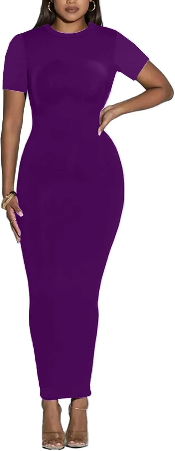 Women's Long Bodycon Dresses Leopard Print Casual Maxi Club Party Tight Dress Short Sleeve