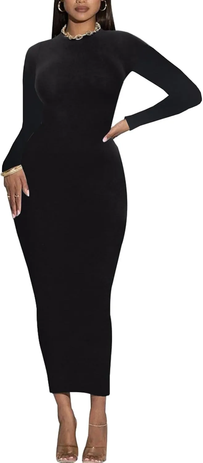 Women's Long Sleeve Bodycon Dress - Maxi Casual Fall Club Party Long Tight Pencil Dresses