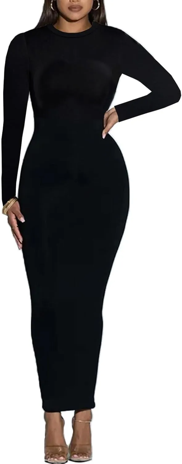 Women's Long Sleeve Bodycon Dress - Maxi Casual Fall Club Party Long Tight Pencil Dresses