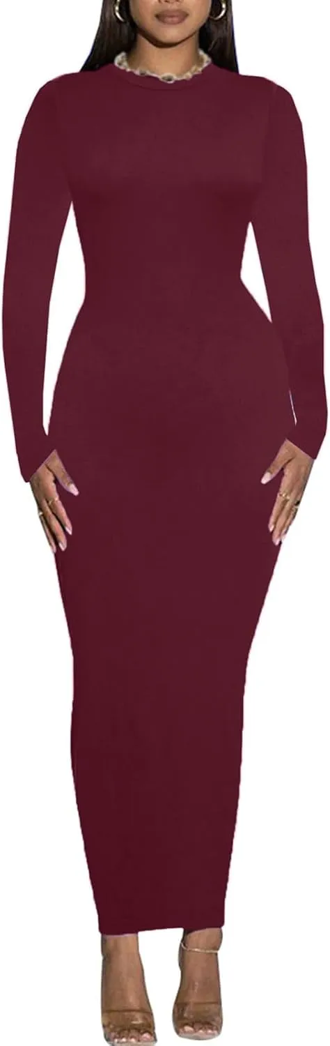 Women's Long Sleeve Bodycon Dress - Maxi Casual Fall Club Party Long Tight Pencil Dresses