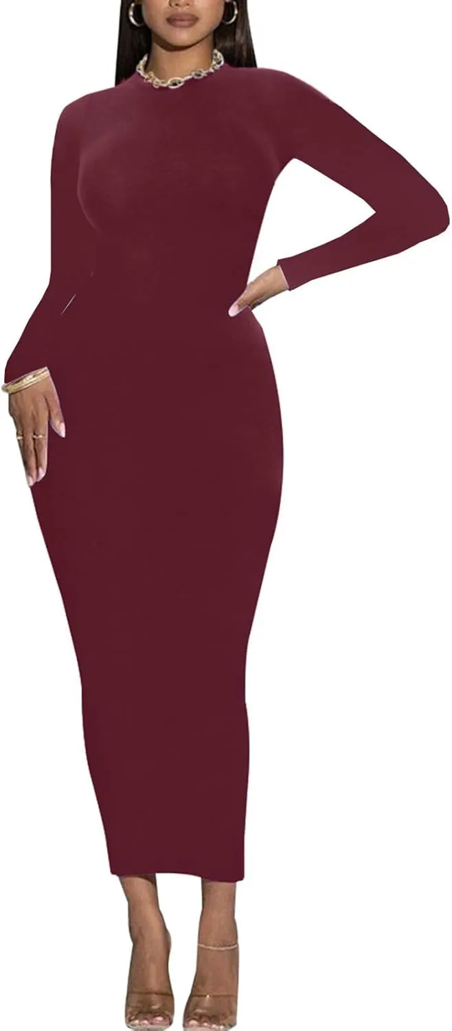 Women's Long Sleeve Bodycon Dress - Maxi Casual Fall Club Party Long Tight Pencil Dresses