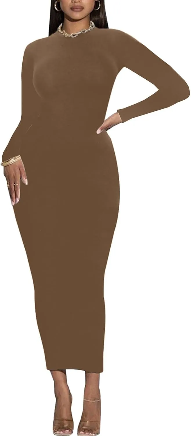 Women's Long Sleeve Bodycon Dress - Maxi Casual Fall Club Party Long Tight Pencil Dresses