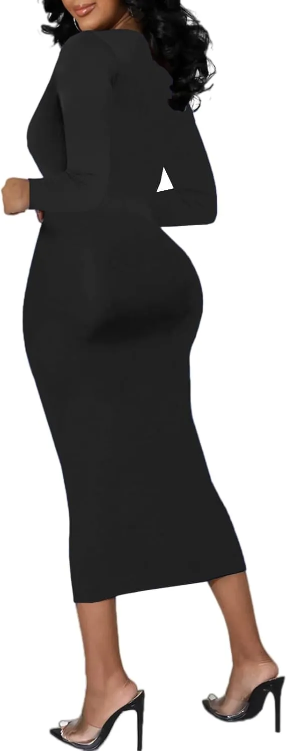 Women's Long Sleeve Bodycon Dress - Midi Casual Club Party Long Fitted Tight Fall Dresses