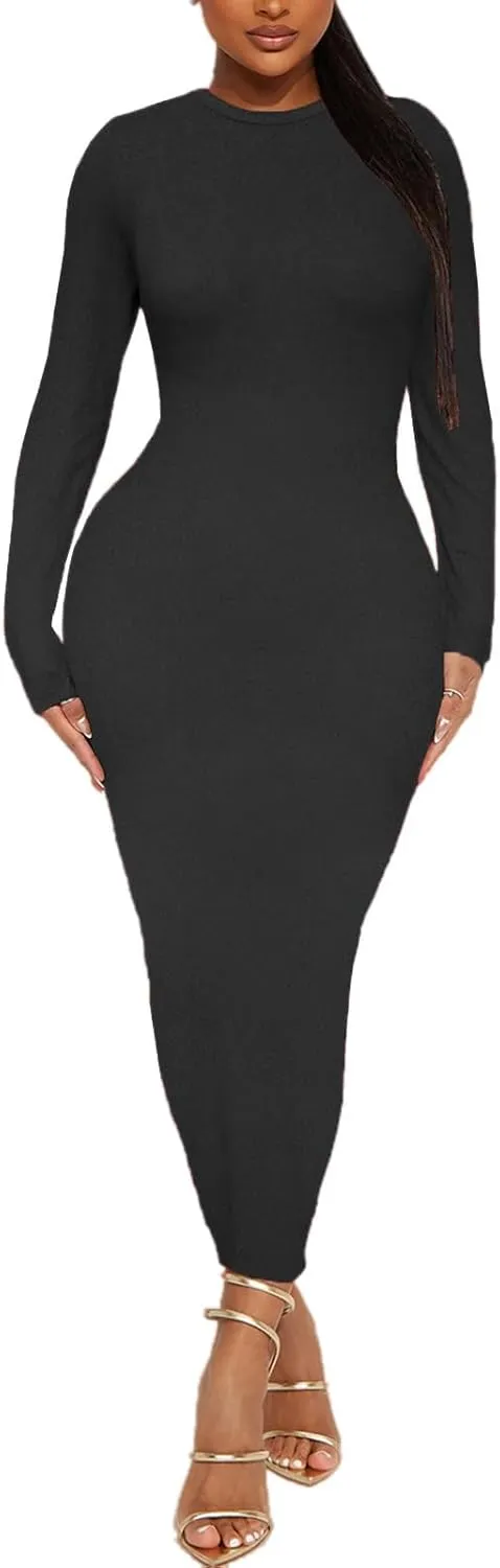 Women's Long Sleeve Bodycon Dress - Midi Casual Club Party Long Fitted Tight Fall Dresses