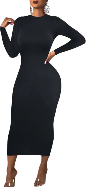 Women's Long Sleeve Bodycon Dress - Midi Casual Club Party Long Fitted Tight Fall Dresses