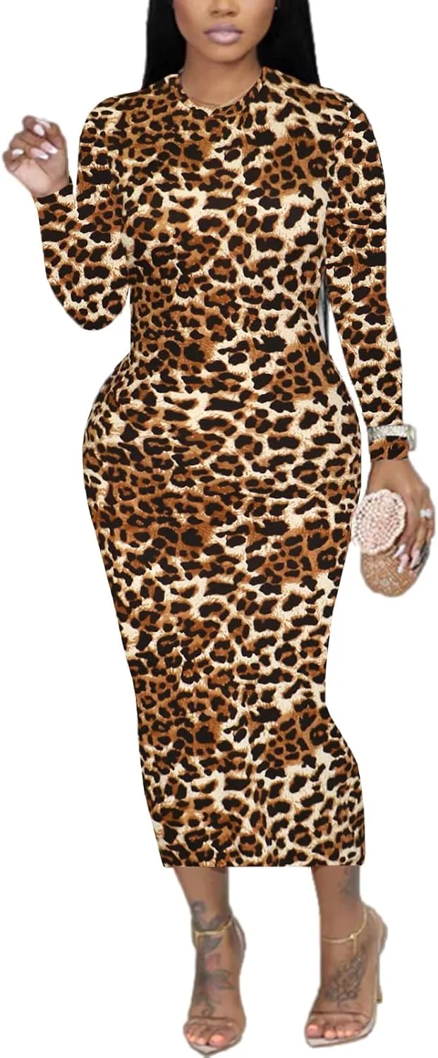 Women's Long Sleeve Bodycon Dress - Midi Casual Club Party Long Fitted Tight Fall Dresses