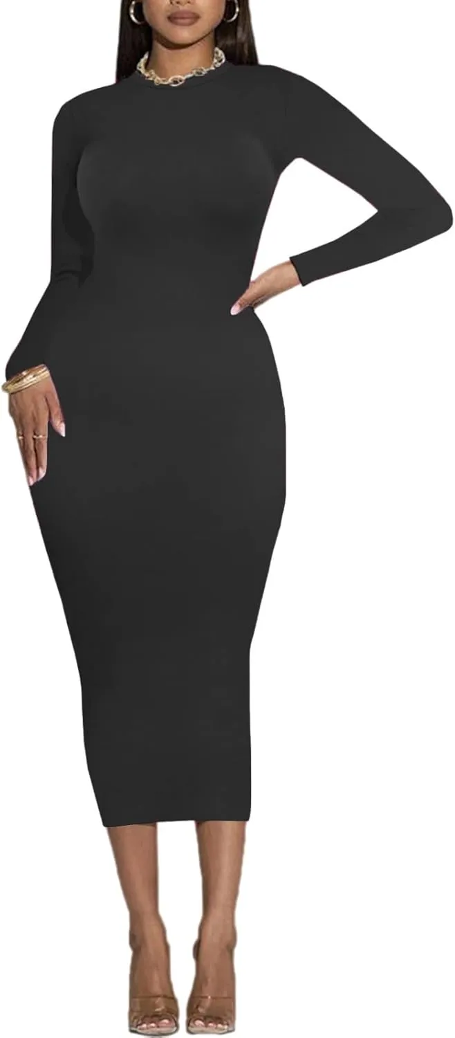 Women's Long Sleeve Bodycon Dress - Midi Casual Club Party Long Fitted Tight Fall Dresses