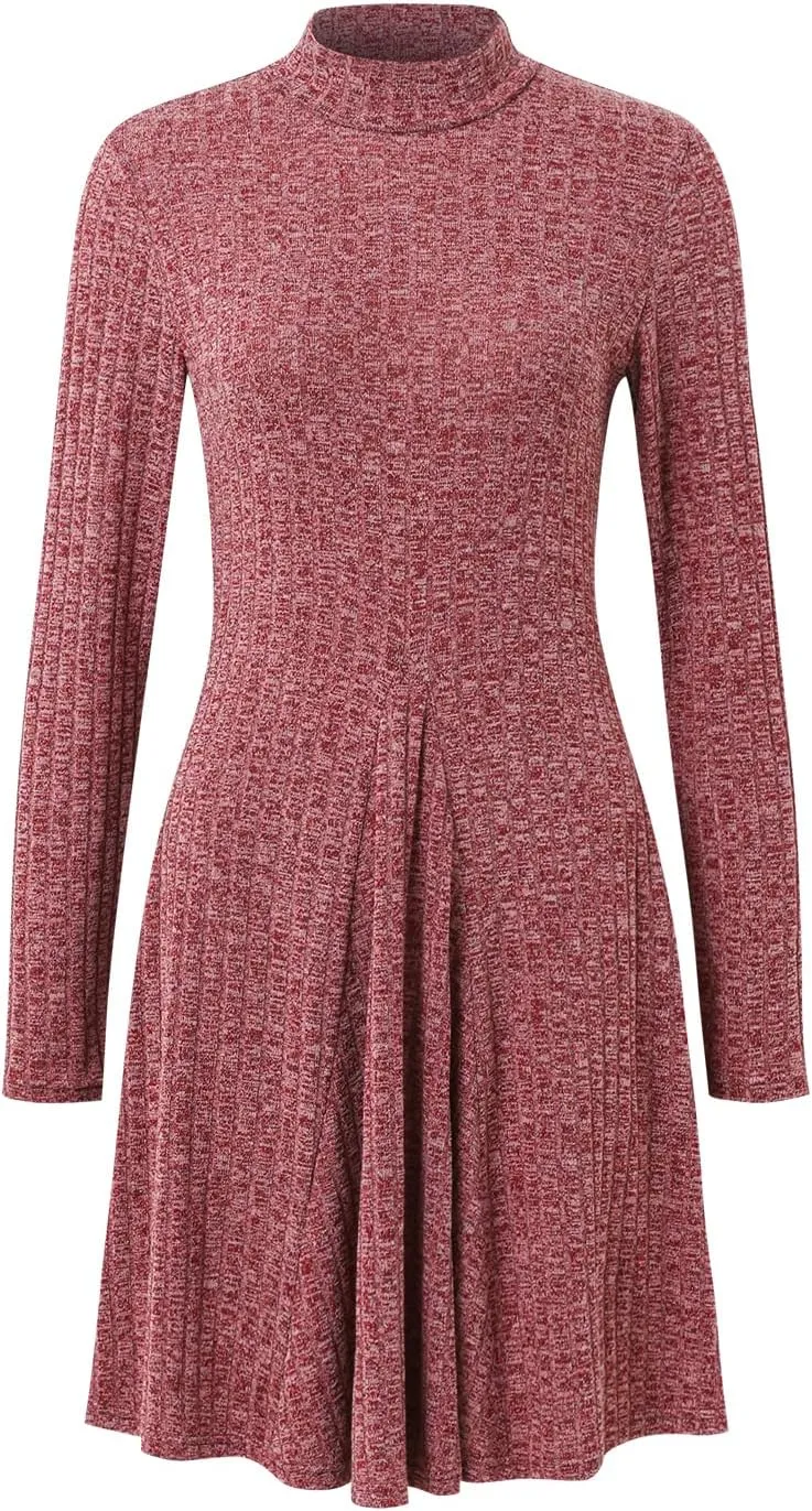 Women's Long Sleeved Mock Neck Knitted Casual Loose Ruffle A Line Mini Dress