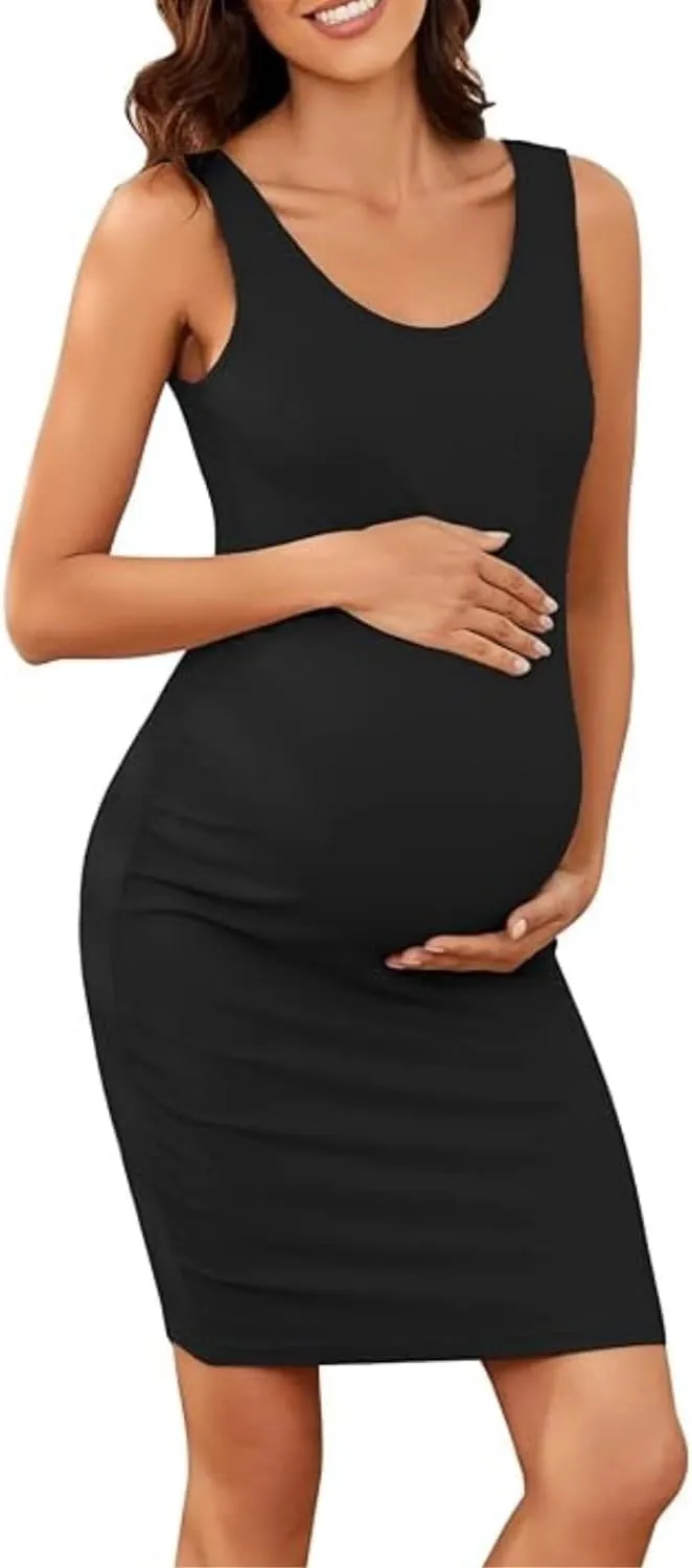 Womens Maternity Ribbed Tank Dress Sleeveless Slim Fit Dress Bodycon Prenancy Women Casual Dress