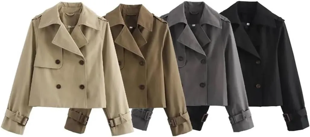 Women'S Retro Trench Coat Lapel Long Sleeved Solid Double Breasted Short Versatile Jacket