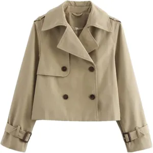 Women'S Retro Trench Coat Lapel Long Sleeved Solid Double Breasted Short Versatile Jacket