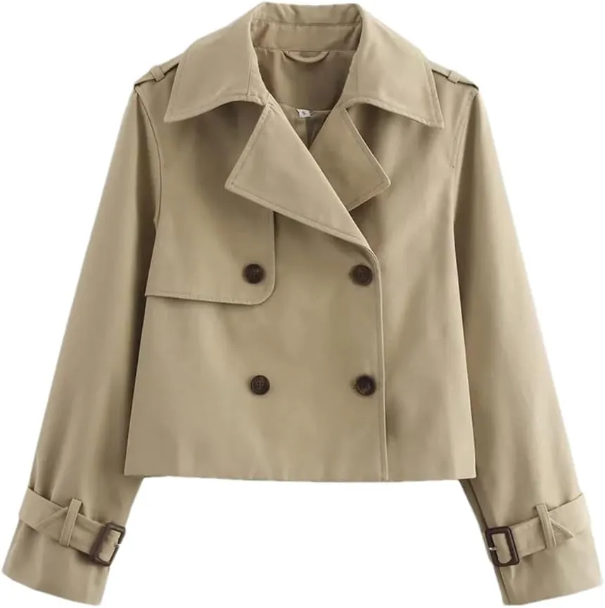 Women'S Retro Trench Coat Lapel Long Sleeved Solid Double Breasted Short Versatile Jacket