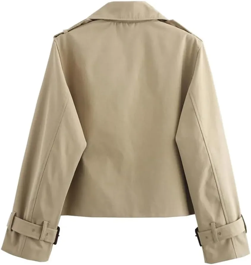 Women'S Retro Trench Coat Lapel Long Sleeved Solid Double Breasted Short Versatile Jacket