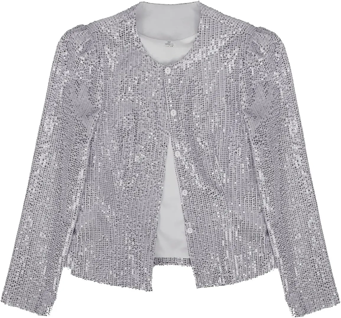 Women's Sequin Jacket Button Up Long Sleeved Disco Sparkling Top
