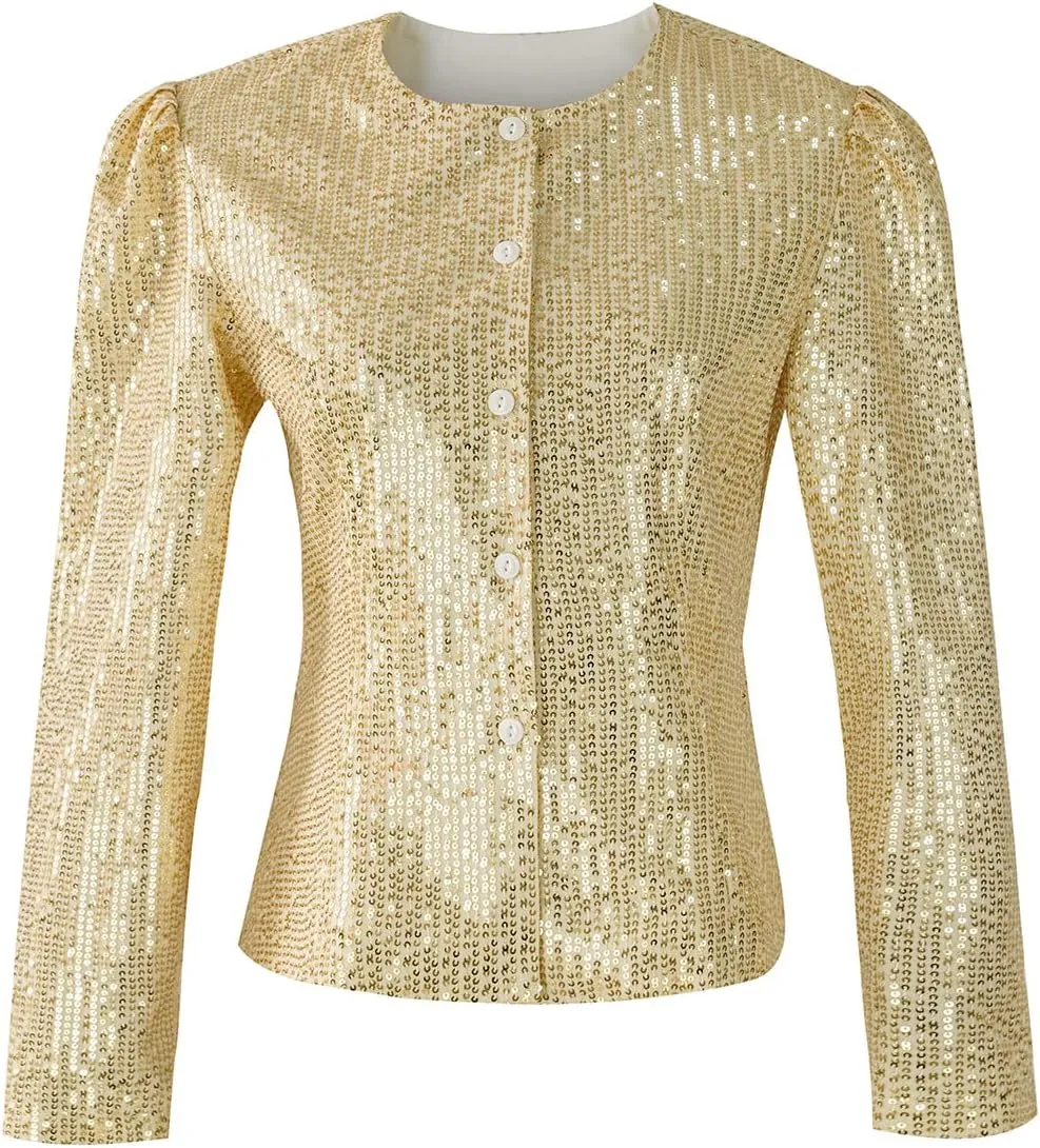 Women's Sequin Jacket Button Up Long Sleeved Disco Sparkling Top