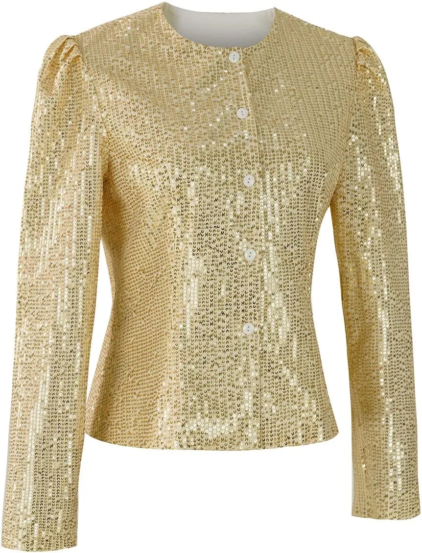 Women's Sequin Jacket Button Up Long Sleeved Disco Sparkling Top