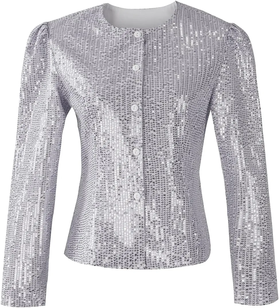 Women's Sequin Jacket Button Up Long Sleeved Disco Sparkling Top