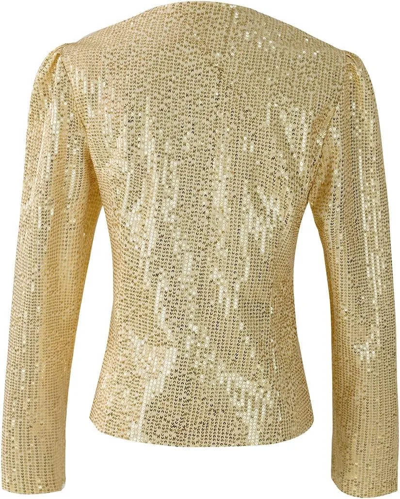 Women's Sequin Jacket Button Up Long Sleeved Disco Sparkling Top