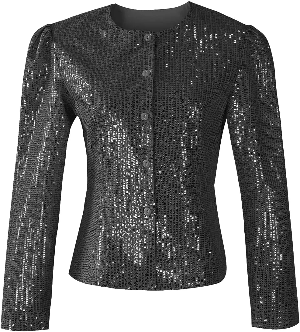 Women's Sequin Jacket Button Up Long Sleeved Disco Sparkling Top