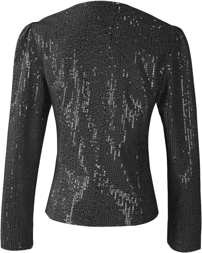 Women's Sequin Jacket Button Up Long Sleeved Disco Sparkling Top