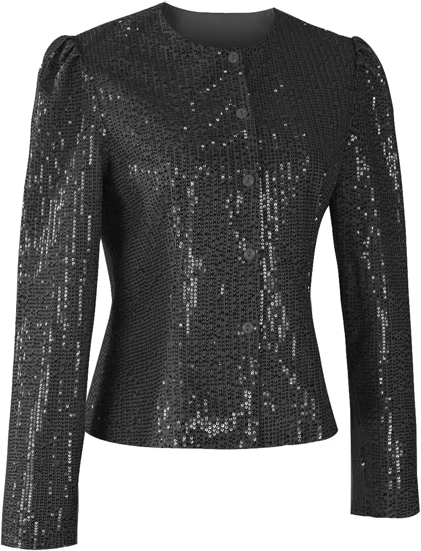 Women's Sequin Jacket Button Up Long Sleeved Disco Sparkling Top