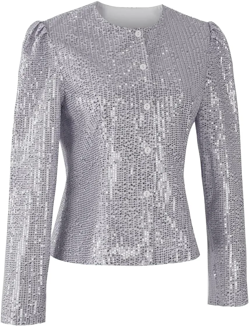 Women's Sequin Jacket Button Up Long Sleeved Disco Sparkling Top