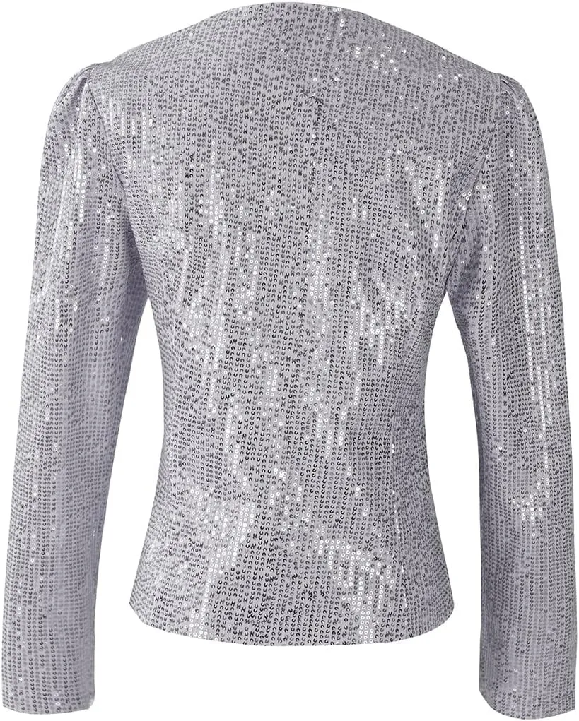 Women's Sequin Jacket Button Up Long Sleeved Disco Sparkling Top
