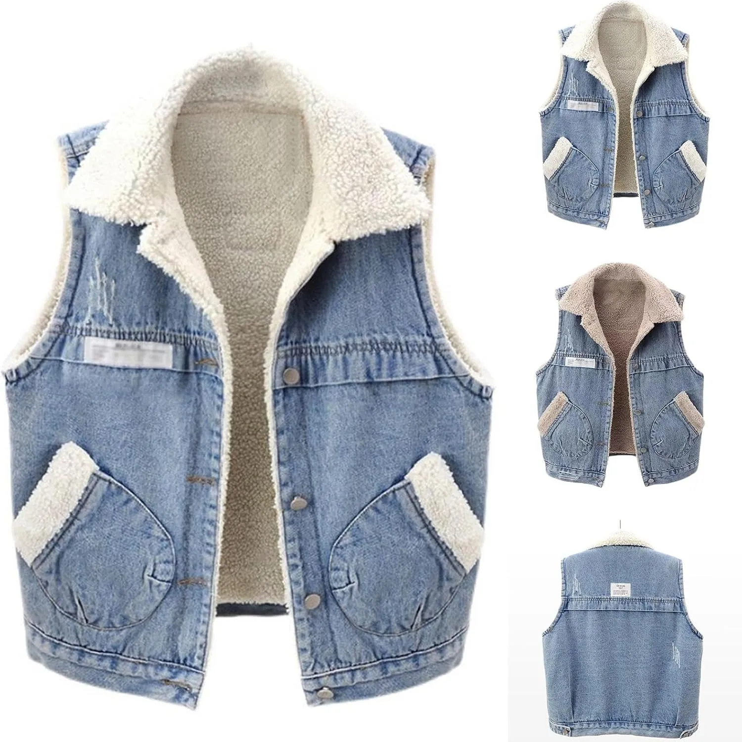 Women's Sherpa Fleece Lined Denim Vest Classic Sleeveless Lapel Collar Jean Vest Jacket Button Up Coat With Pockets