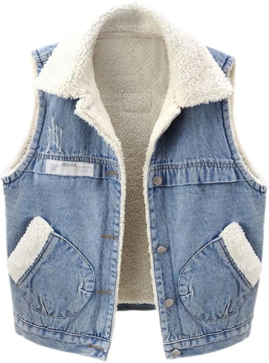 Women's Sherpa Fleece Lined Denim Vest Classic Sleeveless Lapel Collar Jean Vest Jacket Button Up Coat With Pockets