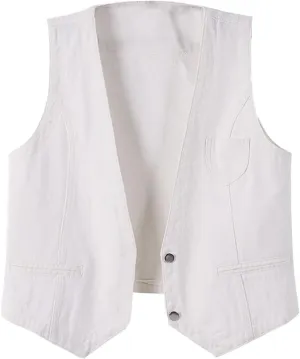Women's Sleeveless Denim Vest Y2K V Neck Button Down Jean Tank Tops Waistcoat Casual Loose Jackets with Pockets