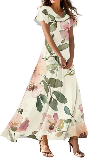 Womens Spring Dresses,Women's Loose Casual V-Neck Short Sleeved High Waisted Print Chiffon Dress