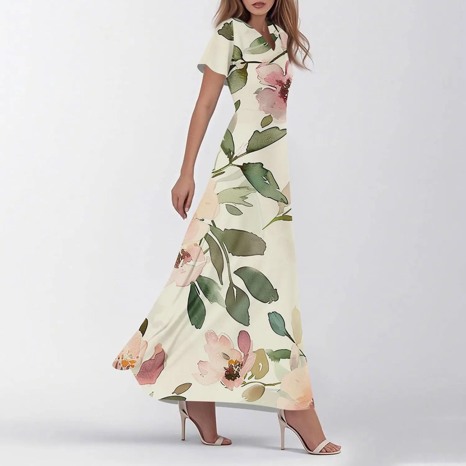 Womens Spring Dresses,Women's Loose Casual V-Neck Short Sleeved High Waisted Print Chiffon Dress