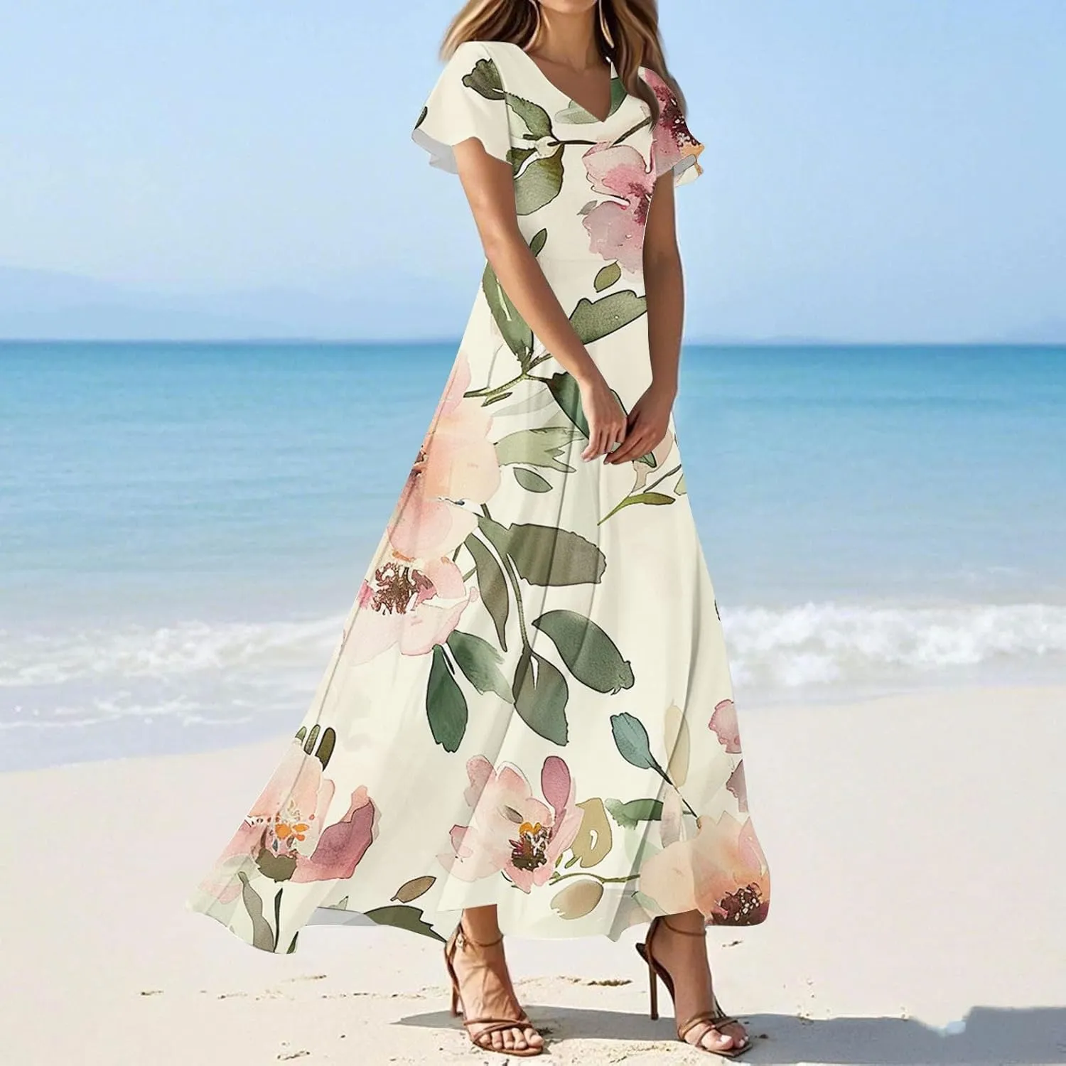 Womens Spring Dresses,Women's Loose Casual V-Neck Short Sleeved High Waisted Print Chiffon Dress
