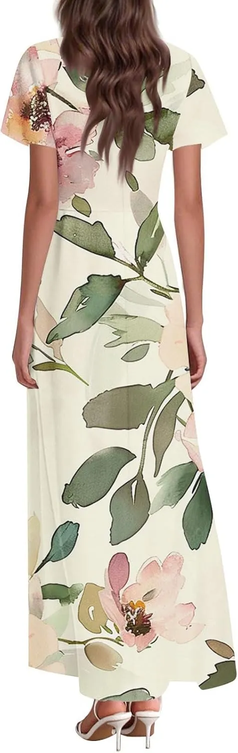 Womens Spring Dresses,Women's Loose Casual V-Neck Short Sleeved High Waisted Print Chiffon Dress