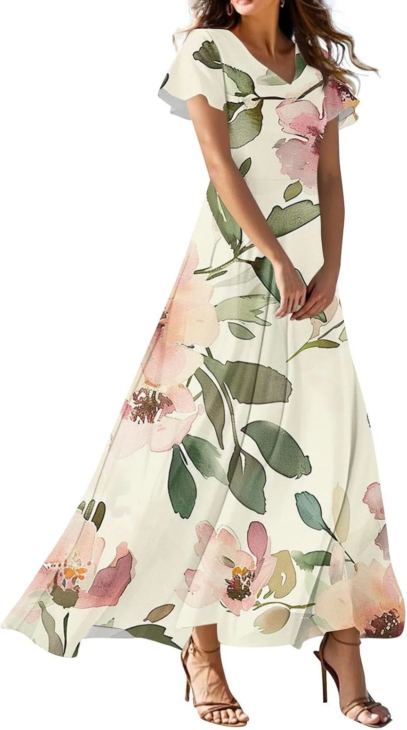 Womens Spring Dresses,Women's Loose Casual V-Neck Short Sleeved High Waisted Print Chiffon Dress