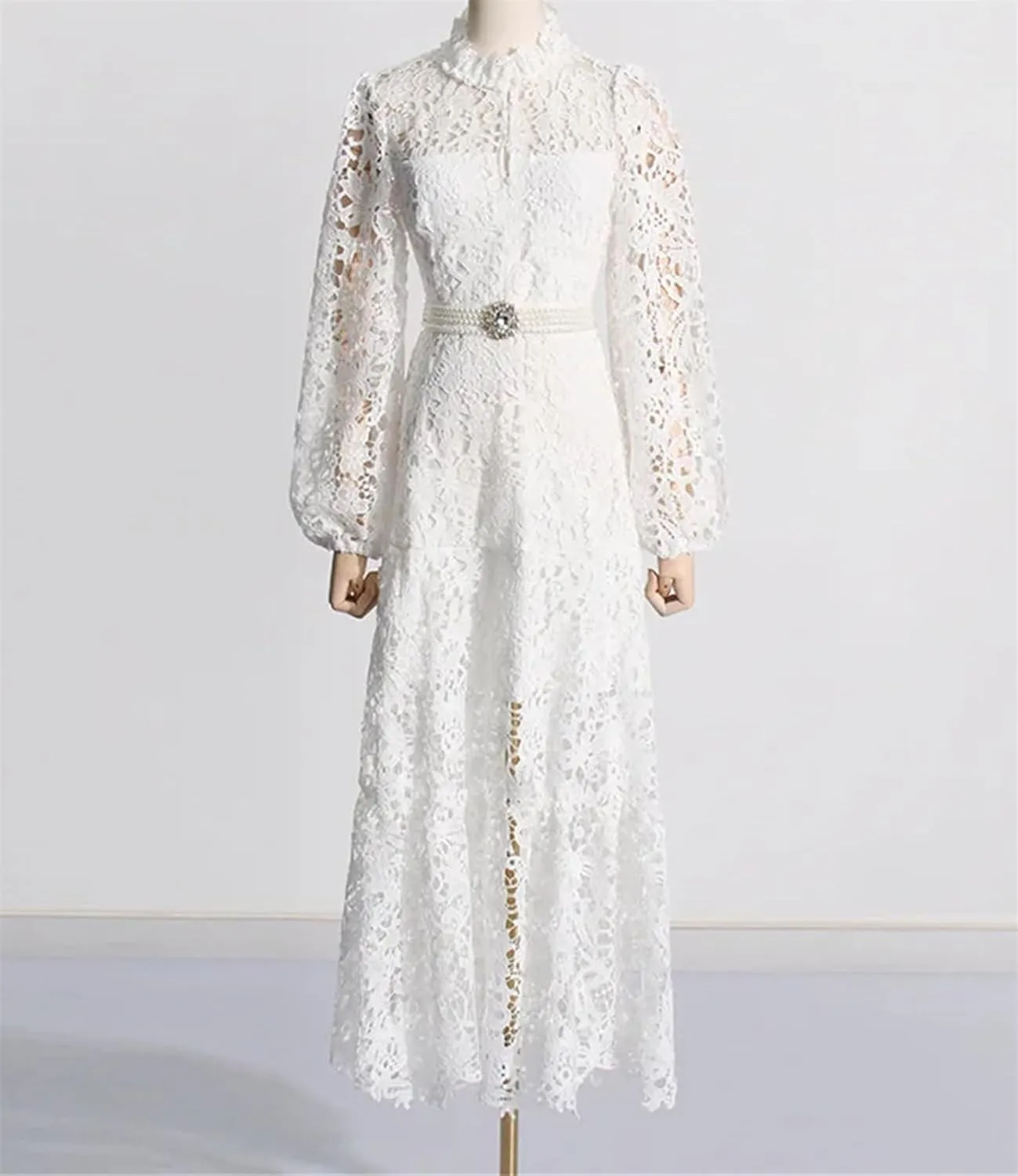Womens Spring Floral Embroidery Stand Collar Lace Prom Dress Summer Holiday Long Sleeve Maxi Party Dresses