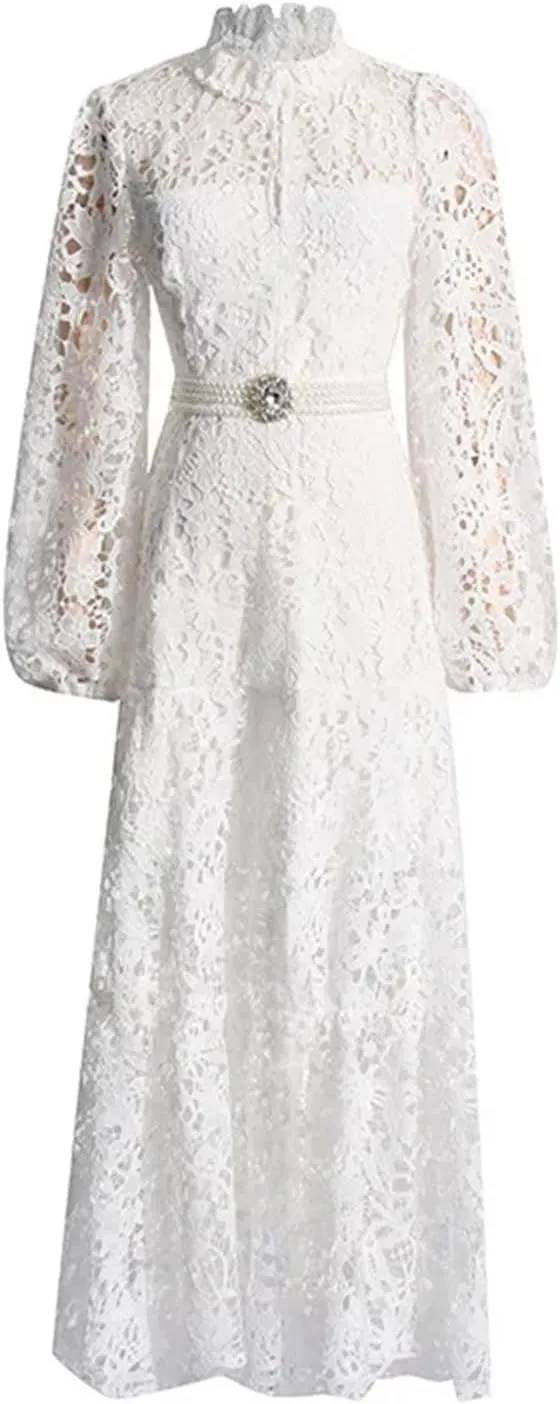 Womens Spring Floral Embroidery Stand Collar Lace Prom Dress Summer Holiday Long Sleeve Maxi Party Dresses