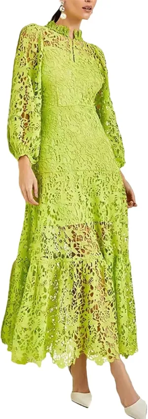Womens Spring Floral Embroidery Stand Collar Lace Prom Dress Summer Holiday Long Sleeve Maxi Party Dresses