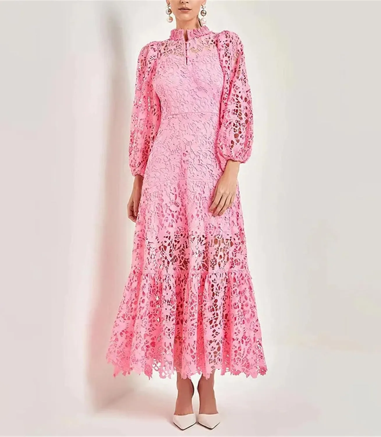 Womens Spring Floral Embroidery Stand Collar Lace Prom Dress Summer Holiday Long Sleeve Maxi Party Dresses