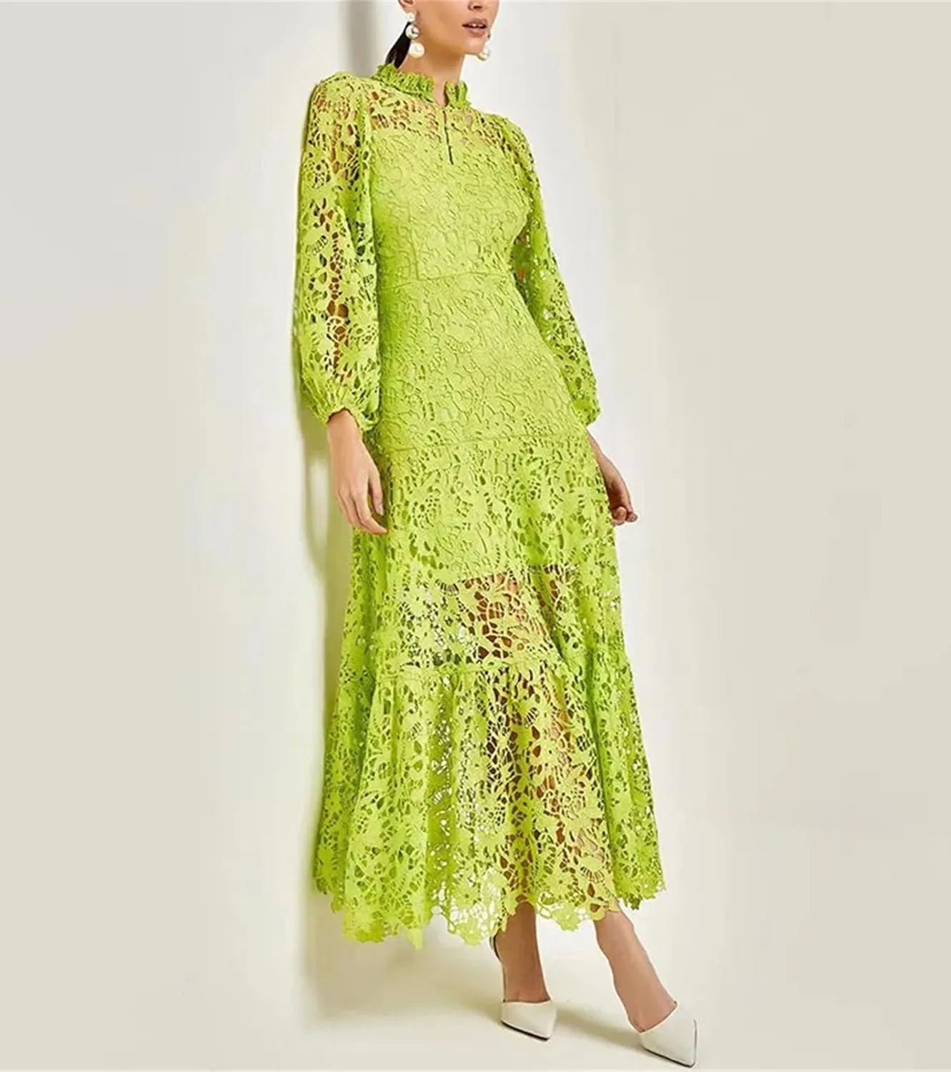 Womens Spring Floral Embroidery Stand Collar Lace Prom Dress Summer Holiday Long Sleeve Maxi Party Dresses
