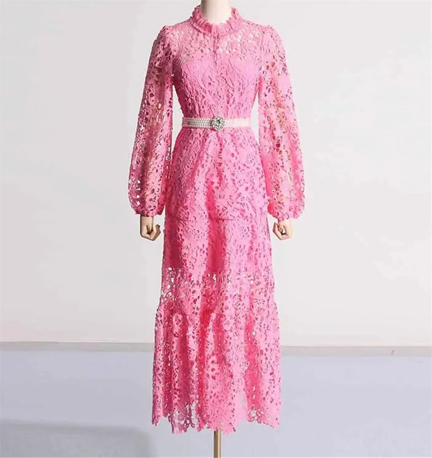 Womens Spring Floral Embroidery Stand Collar Lace Prom Dress Summer Holiday Long Sleeve Maxi Party Dresses
