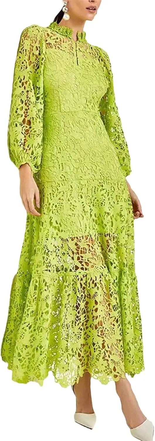 Womens Spring Floral Embroidery Stand Collar Lace Prom Dress Summer Holiday Long Sleeve Maxi Party Dresses