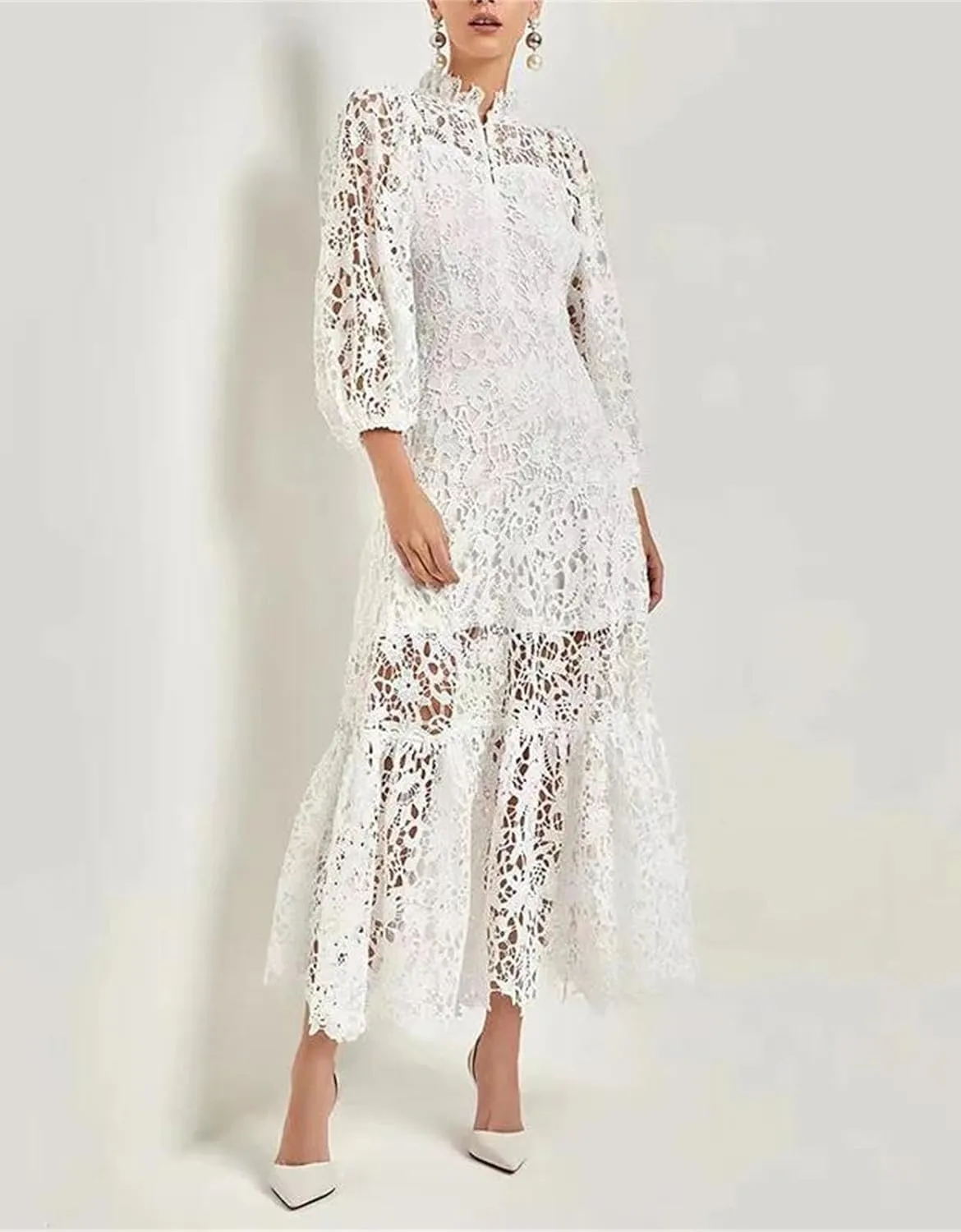 Womens Spring Floral Embroidery Stand Collar Lace Prom Dress Summer Holiday Long Sleeve Maxi Party Dresses