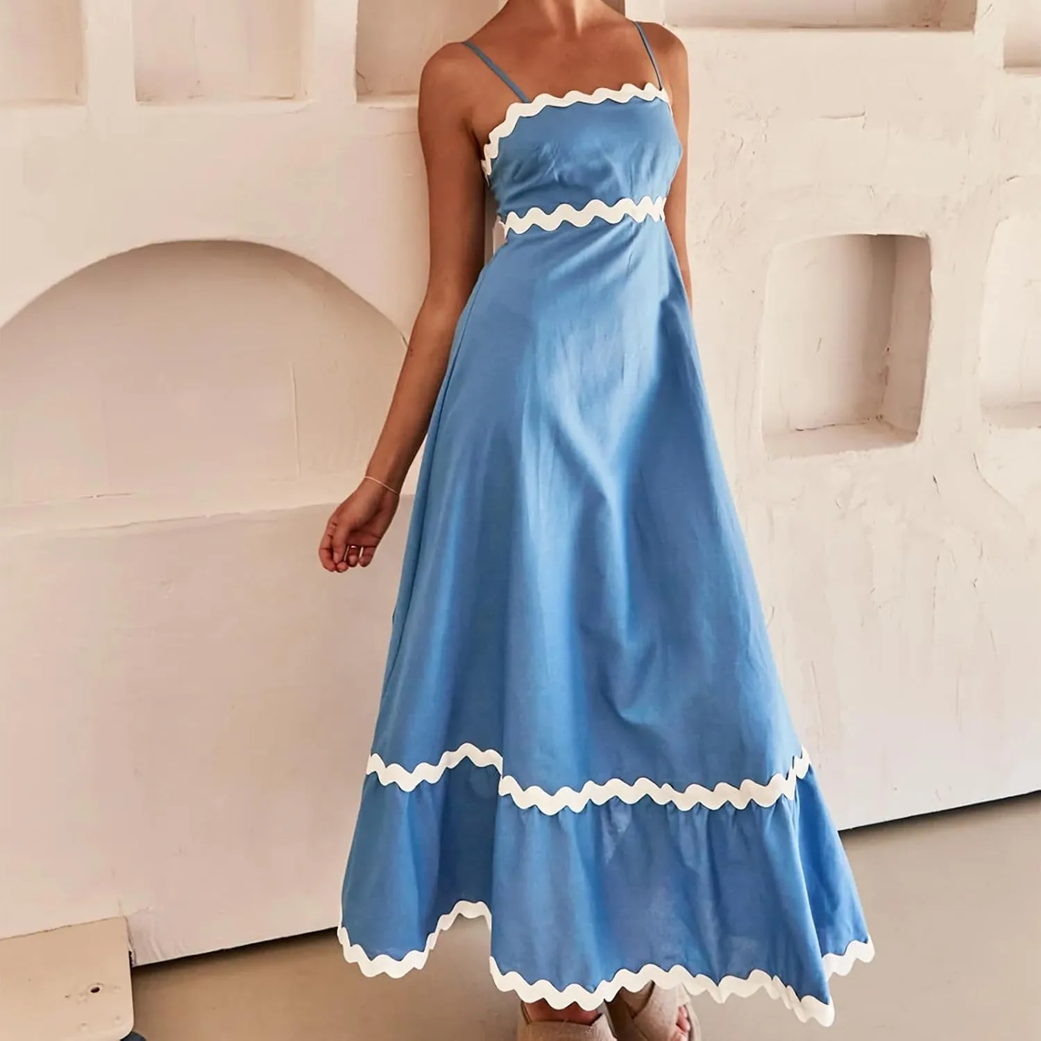 Women's Striped Maxi Dress Spaghetti Strap Sleeveless Cutout Long Dress Flowy Swing Beach Sun Dress